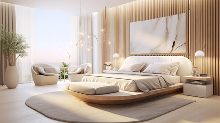 Inviting and contemporary bedroom with white canopy bed, gray comforter, pillows, and throw blanket. Large window with natural light provides a sense of brightness and airiness.の素材