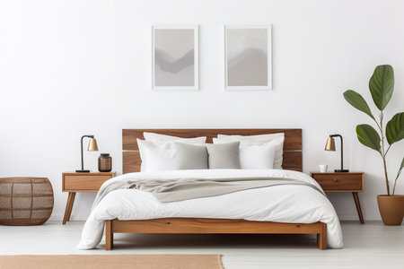 Stylish and sophisticated black and white bedroom with white bed, black comforter, pillows, and throw blanket. Large black and white abstract paintingの素材