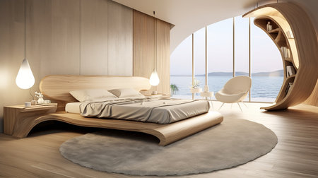 Serene and tranquil bedroom with white bed, gray comforter, pillows, and throw blanket. Large window with natural light provides a sense of peace and tranquility.の素材
