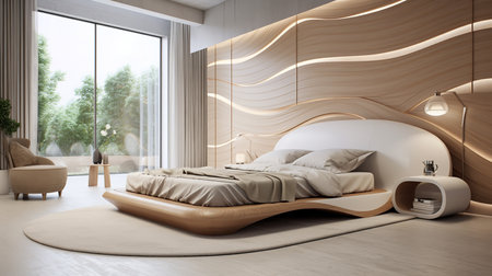 Inviting and relaxing bedroom with white bed, gray comforter, pillows, and throw blanket. Large window overlooking a forest provides stunning views of nature and a sense of calm and tranquilityの素材