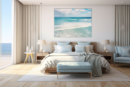 Relaxing bedroom with white bed, gray comforter, pillows, and throw blanket. Large painting of the ocean above the bed creates a sense of calm and serenity.の素材