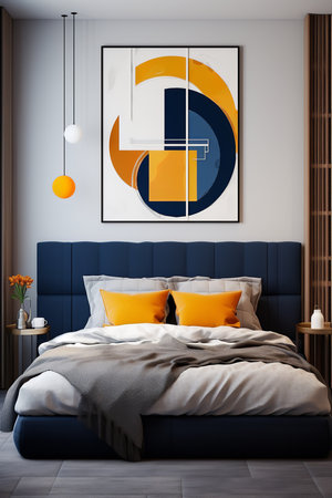 Inviting bedroom sanctuary featuring a plush bed adorned with a blue headboard and vibrant orange pillows.の素材