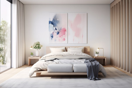 A cozy bedroom with a large window offering a stunning view of the city's twinkling lights and vibrant skyline.の素材