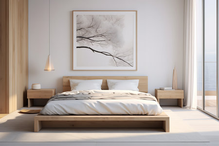 Tranquil bedroom sanctuary featuring a rustic wooden bed, elegant nightstands, and a captivating nature-themed painting above the headboard.の素材