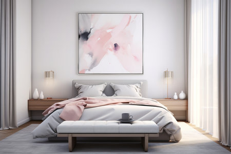Tranquil bedroom featuring a plush bed with crisp white linens and a cozy armchair, perfect for relaxing or reading.の素材
