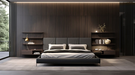 a modern bedroom with a minimalist design. The room has a dark wood paneling on the walls and a large window with a view of trees.の素材