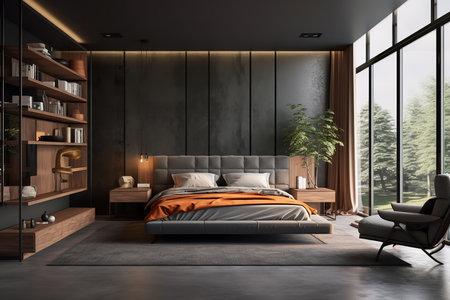 The room is decorated in a contemporary style with a gray and orange color scheme. The bed is made with orange sheetsの素材