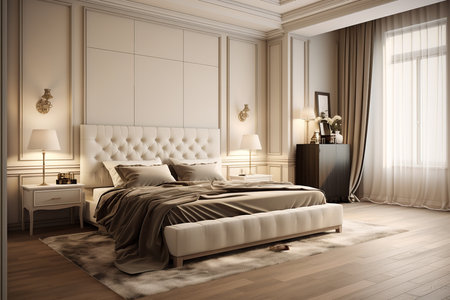 an elegant bedroom with a white tufted bed, nightstands, and dresser. The room has a beige color scheme and a large window with sheer curtains. The floor is wooden and there is a gray rug under the bedの素材