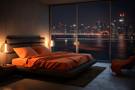 a modern bedroom with a view of a city skyline at night. The bed is made with orange sheets and a gray headboard. The room also has a nightstand with a lamp and a chair.の素材