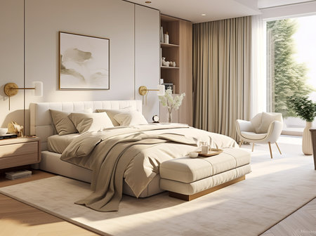 Modern bedroom with a white bed, wooden floor, and a large window with a view of trees. The room has a minimalist design with a beige color scheme.の素材