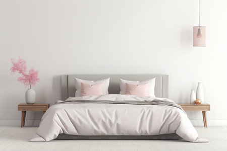 a modern and minimalistic bedroom with a gray upholstered bed, white bedding, and pink accents. The room has a white wall and light wood flooring.の素材