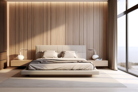 a modern bedroom with a wooden accent wall and a large window with a view of the ocean. The room is furnished with a bed, nightstands, and lamps.の素材