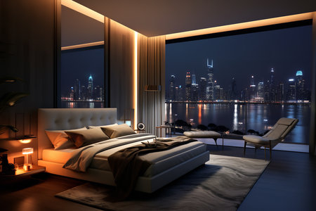 Luxurious bedroom with a view of a city skyline at night. Modern design with a white bed and a lounge chair.の素材
