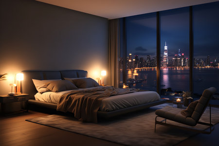 A luxurious bedroom with a view of the city skyline at night, with a king-sized bed and modern furnishings.の素材