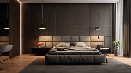 a modern bedroom. The walls are made of dark wood panels. The bed is gray and has a white headboard. There are two hanging lights above the bed.の素材
