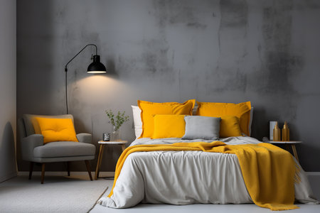 a modern bedroom with gray walls and a white bed. The room is accented with orange pillows and a chair. There are two pieces of abstract art on the walls and hanging pendant lights.の素材