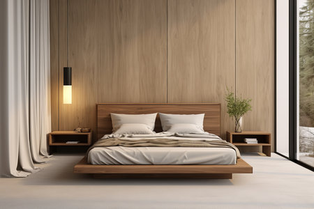 Modern bedroom with wooden walls, a bed, nightstands, and a window with a view of trees.の素材