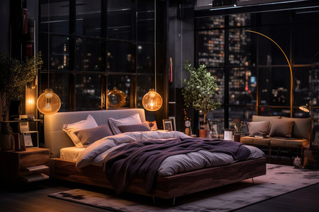 The room is decorated with plants and warm colors, creating a relaxing atmosphere. The bed has a white duvet cover and orange pillows and blankets.の素材