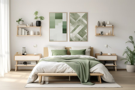 a modern bedroom with white walls and wooden furniture. The bed has a green blanket and two green pillows. There are two nightstands on either side of the bed with lamps and books on them.の素材