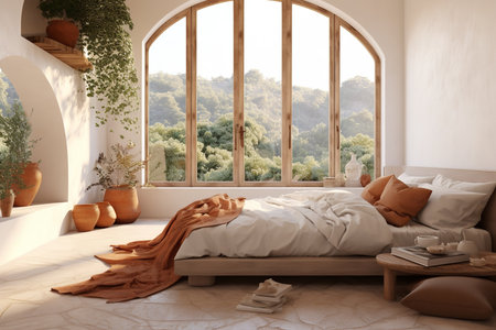 The bed has a white duvet cover and orange pillows and blankets. The walls are painted a warm peach color, and there is a woven rug on the floor.の素材