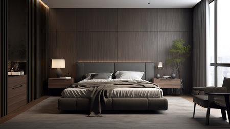 a modern bedroom. The room has a large bed with a gray headboard and white linens. The walls are made of wood panels and there is a window with a view.の素材