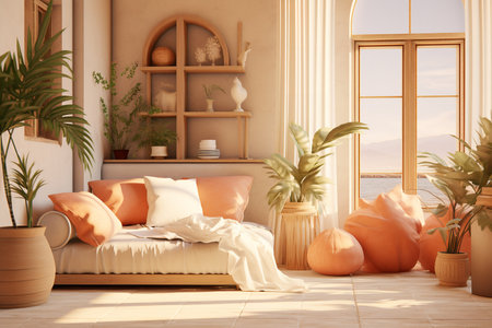 a modern living room with a white sofa, orange pillows, and plants. The room has a large window with a view of the ocean.の素材