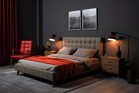 a modern bedroom with a beige bed, red armchair, and black lamps. The room has a dark gray wall and wooden floor.の素材