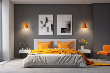 a modern bedroom with gray walls and a white bed. The room is accented with orange pillows and a chair. There are two pieces of abstract art on the walls and hanging pendant lights.の素材