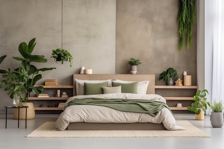 Modern bedroom interior with green plants, neutral colors, and a cozy bed. The room has a minimalist design with a concrete wall and wooden shelves.の素材