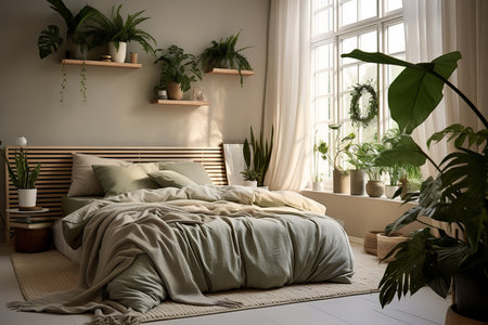 a cozy bedroom with a bed, plants, and a window. The room is decorated in a modern and minimalistic style with a neutral color palette and natural light.の素材