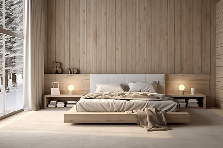 A modern bedroom with a wooden accent wall and a large window overlooking a snowy landscape. The room features a platform bed, nightstands, and lamps.の素材