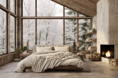 a modern bedroom with a unique wooden bed and abstract art on the wall. The room is filled with natural light from a large window and features wood accents throughout.の素材