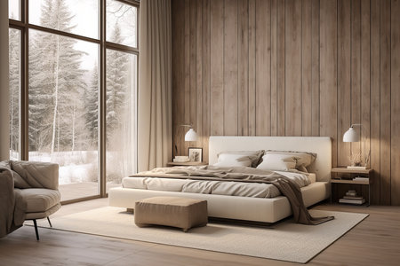 a modern bedroom with a wooden accent wall. The room features a platform bed with white linens and a gray throw blanket. There are two nightstands with lamps on either side of the bed.の素材