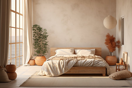 A modern bedroom with a wooden bed, white linens, and potted plants. The room has a large window with a view of the ocean and a beige color scheme.の素材