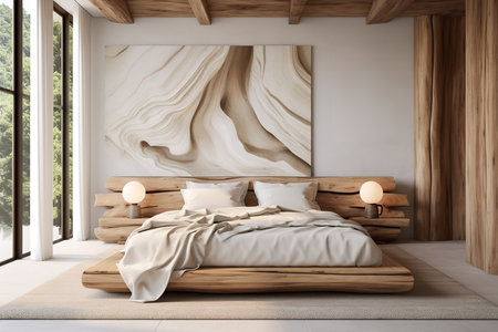 a modern bedroom with a unique wooden bed and abstract art on the wall. The room is filled with natural light from a large window and features wood accents throughout.の素材