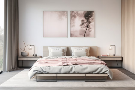 a modern bedroom. The walls are made of wood panels. The room is furnished with a bed, nightstands, and a lamp.の素材