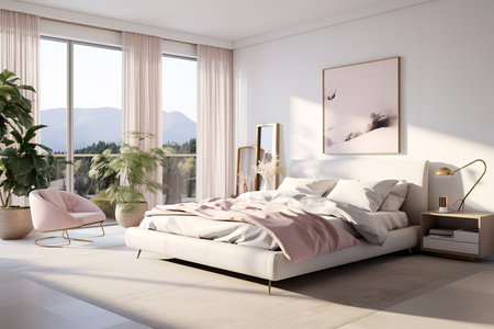 a bedroom with a white bed and pink accents. The bed has a white comforter and pink sheets. There is a pink armchair in the corner and a gold floor lamp next to the bed.の素材