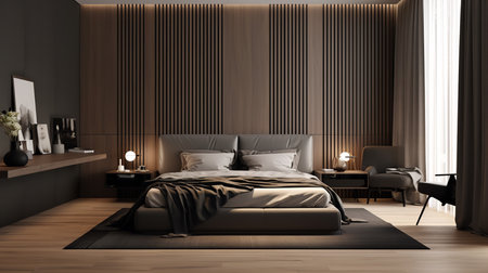 a modern bedroom interior. The walls are made of wood and have a vertical striped pattern. The bed is gray and has a large hea modern bedroom interior. The walls are made of wood and have a vertical striped pattern. The bed is gray and has a large headboard. The room has a cozy and luxurious feel.adboard.の素材