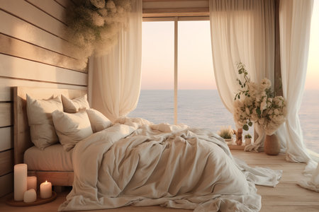 A cozy bedroom with a view of the ocean at sunset. The room has a bed with white linens, a wooden wall, and a large window with sheer curtains.の素材