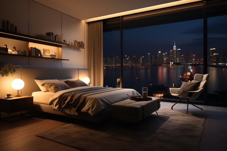 Luxurious bedroom with a view of the city skyline at night. Modern furniture and decor with a cozy ambiance.の素材