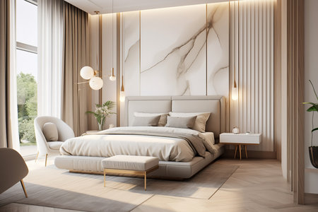 Modern bedroom with a white marble accent wall, wooden paneling, and a large window. The room is furnished with a bed, armchair, and nightstand.の素材