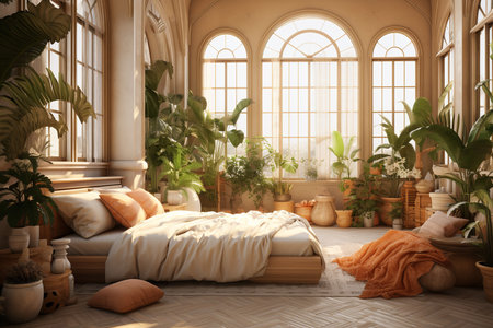 a minimalist bedroom with plant and large windowの素材