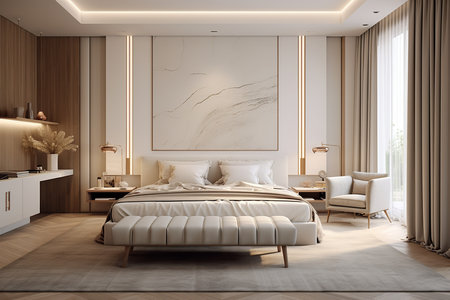 a luxurious bedroom with a modern design. The room features a king-sized bed, wooden accents, and a large window that allows for plenty of natural light. The room also has a built-in wardrobe and a seating area.の素材