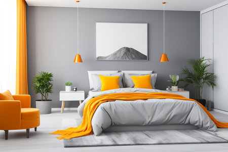 a modern bedroom with gray walls and yellow accents. The bed has a white duvet cover and yellow pillows. Above the bed, there is a large green abstract art piece hanging on the wall.の素材