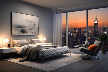 a modern bedroom with a view of the city skyline at sunset. The room is furnished with a large bed and a comfortable armchair.の素材