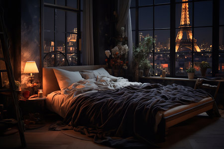 a cozy bedroom with a large arched window overlooking a beautiful mountain view. The room is decorated with plants and warm colors, creating a relaxing atmosphere.の素材
