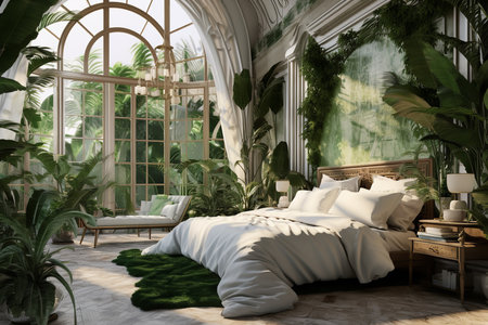a luxurious bedroom with a tropical theme. The room features a large bed with white linens and a green throw blanket. There are multiple plants in the room, including palm trees and ferns.の素材