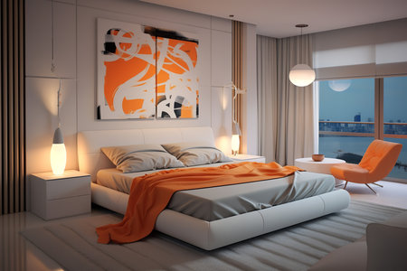 a modern bedroom with a minimalist theme. The room features a gray bed with white linens and a painting. The room has a large window with a view of the city skyline.の素材