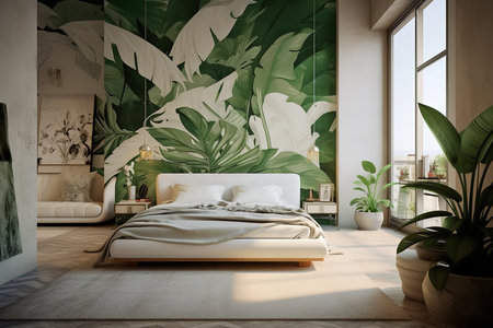 a modern bedroom with wooden walls and floor. The bed is white and there is a large window with an ocean view. The room has a minimalist design with a neutral color palette.の素材