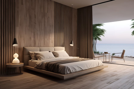 a modern bedroom with wooden walls and floor. The bed is white and there is a large window with an ocean view. The room has a minimalist design with a neutral color palette.の素材